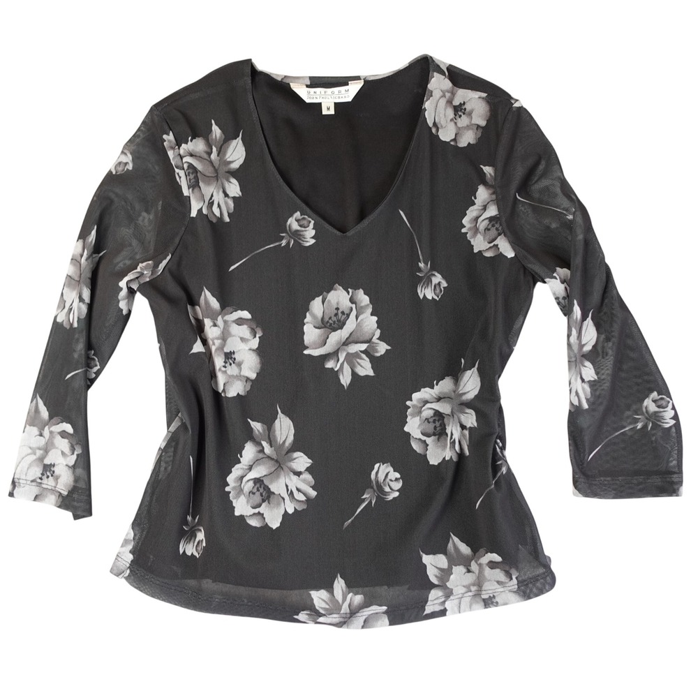 Vintage 90s Top Womens Medium Black Rose Floral Mesh Whimsigoth Dark Romantic